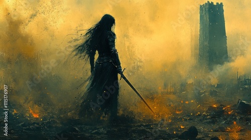 This oil painting depicts a strong female warrior holding a sword, standing amidst smoke and fire with a tower in the background. Dressed in futuristic, apocalyptic armor.