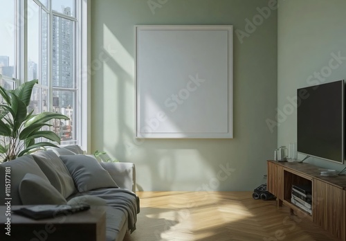 A green-themed living room with a blank decorative frame hanging in the center, creating a serene and minimalist atmosphere, perfect for modern home interior design and decoration.