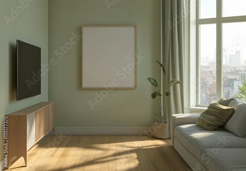 A green-themed living room with a blank decorative frame hanging in the center, creating a serene and minimalist atmosphere, perfect for modern home interior design and decoration.