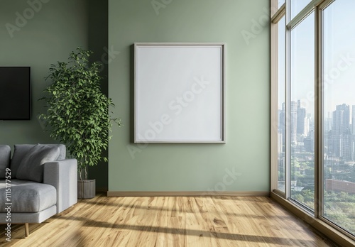 A green-themed living room with a blank decorative frame hanging in the center, creating a serene and minimalist atmosphere, perfect for modern home interior design and decoration.