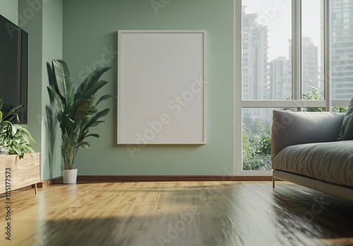 A green-themed living room with a blank decorative frame hanging in the center, creating a serene and minimalist atmosphere, perfect for modern home interior design and decoration.