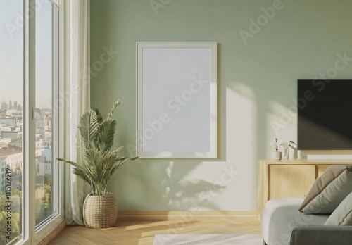 A green-themed living room with a blank decorative frame hanging in the center, creating a serene and minimalist atmosphere, perfect for modern home interior design and decoration.