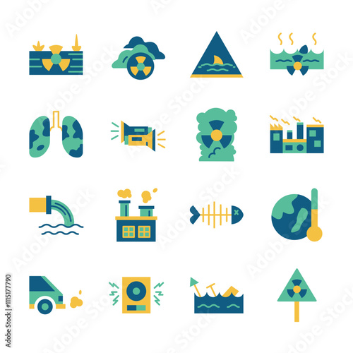 Flat Design Icon Set of Global Warming Factory Waste Pollution Nature World