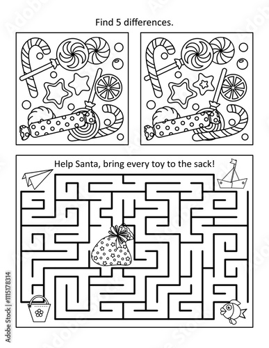 Winter holidays, Christmas, New Year puzzle page with two visual puzzles or picture riddles. Difference game with various candies. Maze, or labyrinth, with Santa's sack and toys. Black and white. 