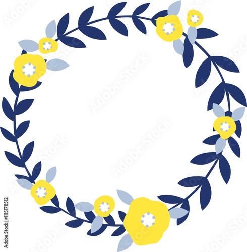 Fern leaves and yellow flower classic blue color wreath illustration for decoration on nature and wedding event.