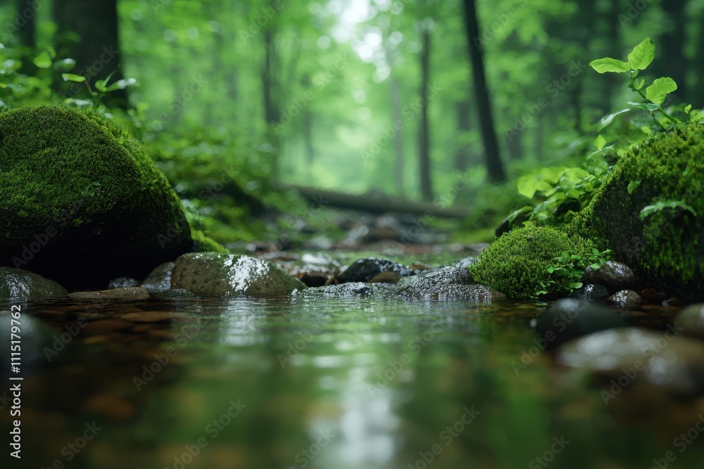 Fototapeta premium A stream of water flows through a forest with moss growing on the rocks