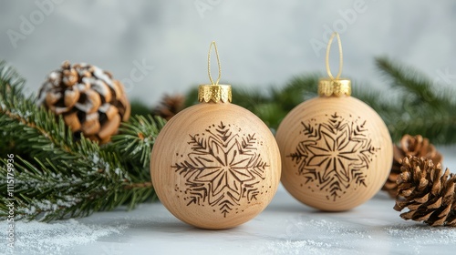 Carved Wooden Christmas Ornaments with Snowflake Design