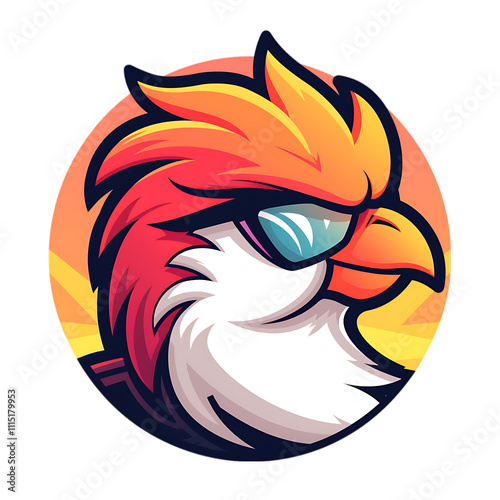 Cool bird mascot logo with sunglasses, vibrant fiery feathers, and a bold circular design. Transparent PNG. photo