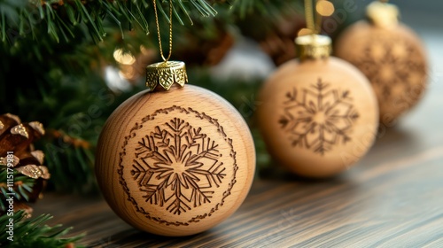 Carved Wooden Christmas Ornaments with Snowflake Design