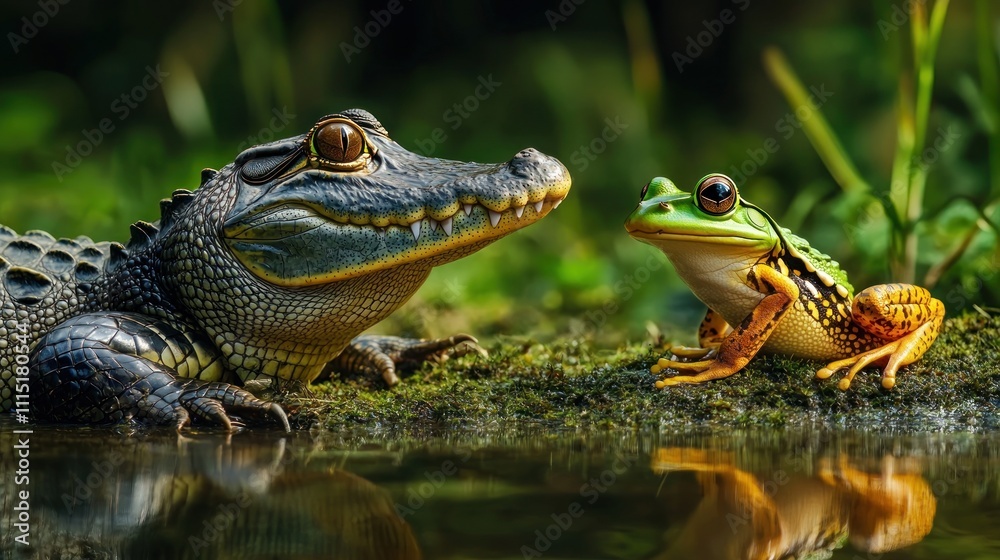 Fototapeta premium Unlikely Encounter: Alligator and Frog by the Water