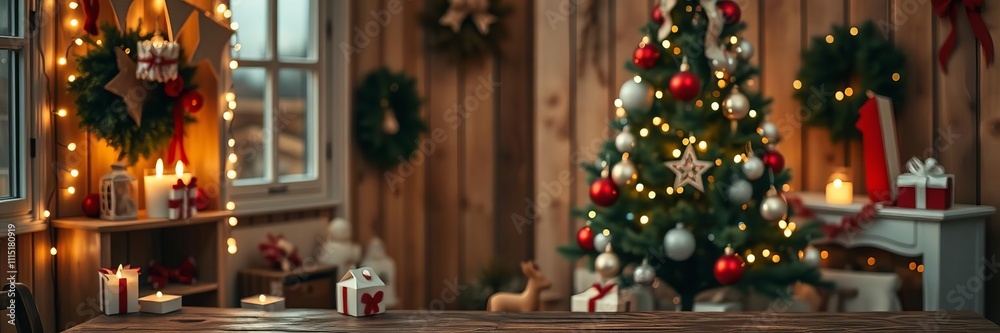 Christmas-themed wooden table with a beautifully decorated tree, surrounded by festive ornaments and twinkling lights, Christmas, elegant Christmas-themed wooden table with a beautifully decorated tree, surrounded by festive ornaments and twinkling lights, Christmas, elegant