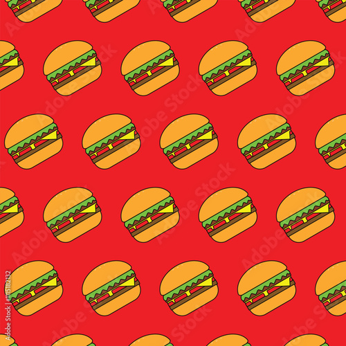 burger seamless pattern on red background. Vector illustration for banners, menus and print