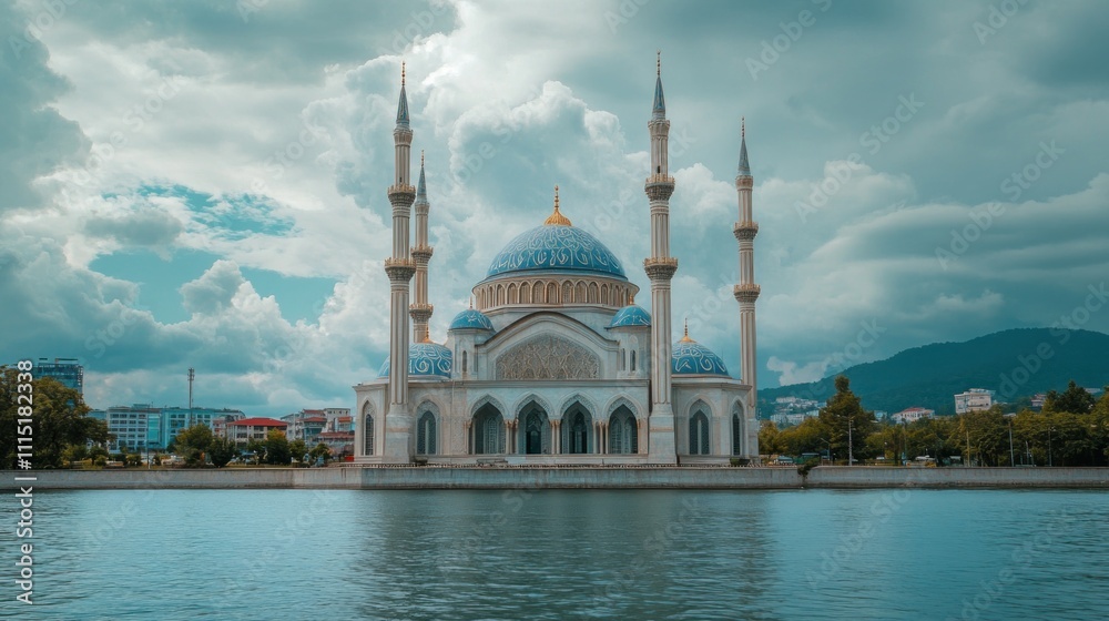 Fototapeta premium Majestic Mosque by the Lake Under a Cloudy Sky