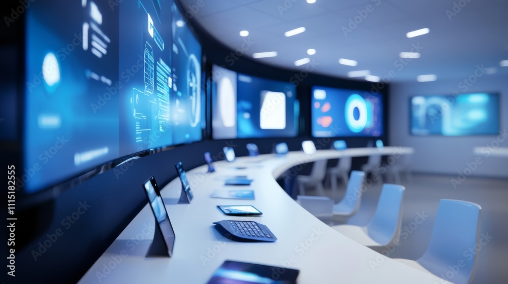 Fototapeta premium A modern, high-tech conference room featuring multiple screens and a sleek, curved table, ideal for presentations and collaborative work.