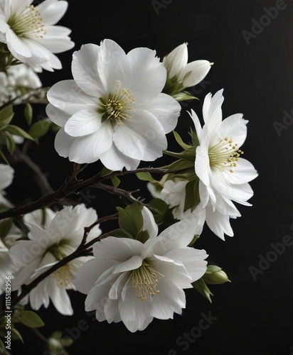 White blossom elegantly displayed within a white border on a black background, floral design, copyspace, monochrome palette, classic photo