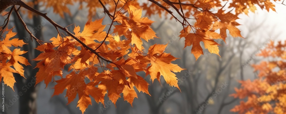 Vibrant orange maple leaves hang from a sturdy branch, swaying gently in the autumn breeze, maple, autumn, colorful