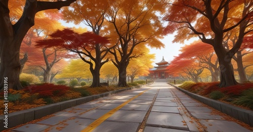 A walkway lined with vibrant autumn-colored maples and trees at daigoji temple, autumn, natural beauty photo