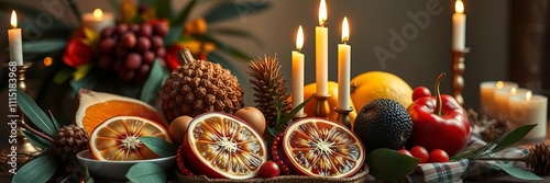 Close up of Kwanzaa decorations with candles and exotic fruits, family dinner in background, festive, family photo