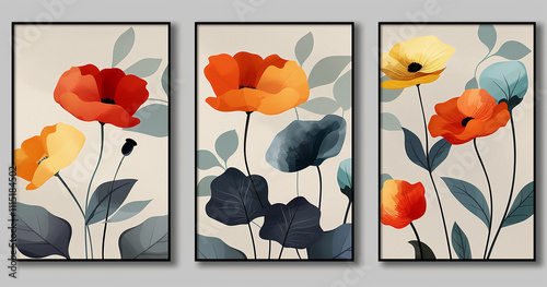 Abstract Floral Triptych Poppies, Leaves, Modern Art Prints