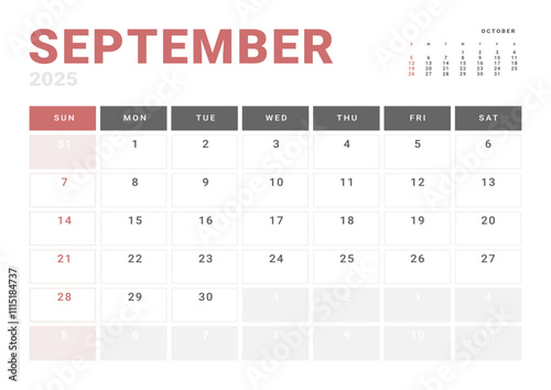 Monthly page Calendar Planner Template of September 2025. Vector layout of calendar with week start Monday for Scheduling. Page for size A4 or 21x29.7 cm