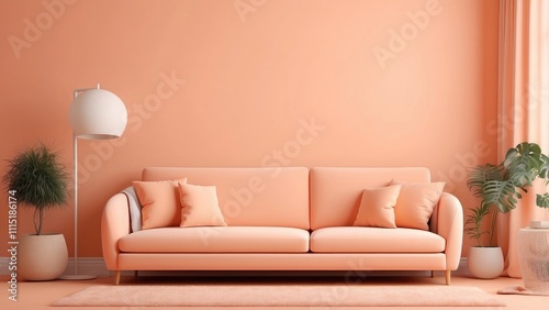 Peach fuzz room, little living room within. Peach wall paint and a peach sofa. 2024 color of the year. backdrop mockup. 3D render-