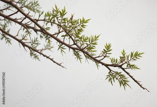 Acacia tree branch with long and sharp thorns against a plain white background, nature, leafy greens photo