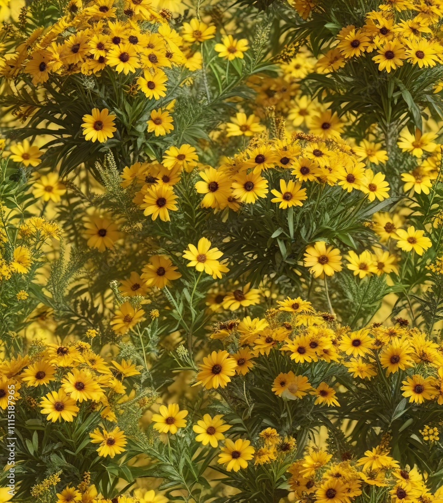 Fototapeta premium A beautiful bouquet of goldenrod and black-eyed Susans on a bright sunny yellow background , goldenrod, delicate petals