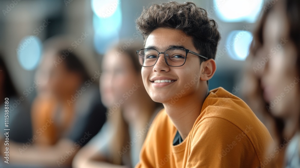 Fototapeta premium A smiling teenager in glasses sits in a classroom, surrounded by peers, showcasing a positive and engaged learning environment.