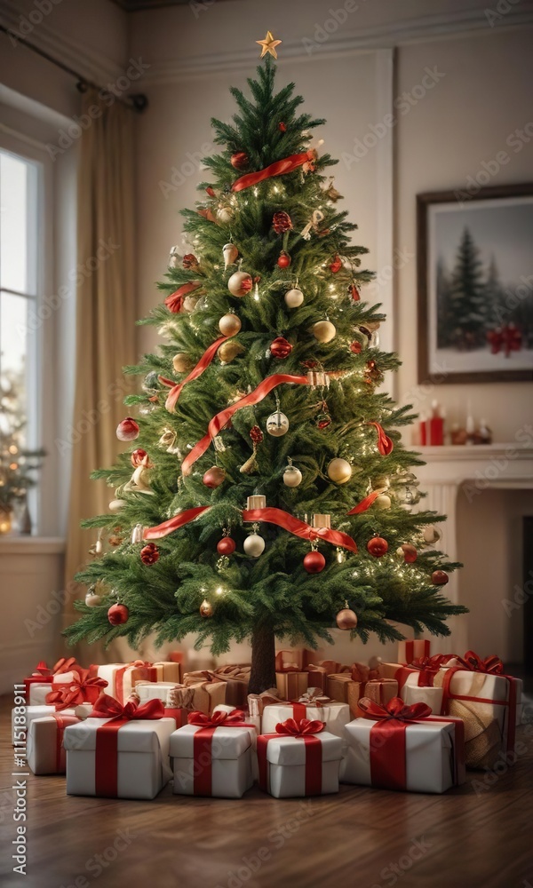 A beautiful Christmas tree with presents and ribbons , Presents and bows, Present boxes A beautiful Christmas tree with presents and ribbons , Presents and bows, Present boxes