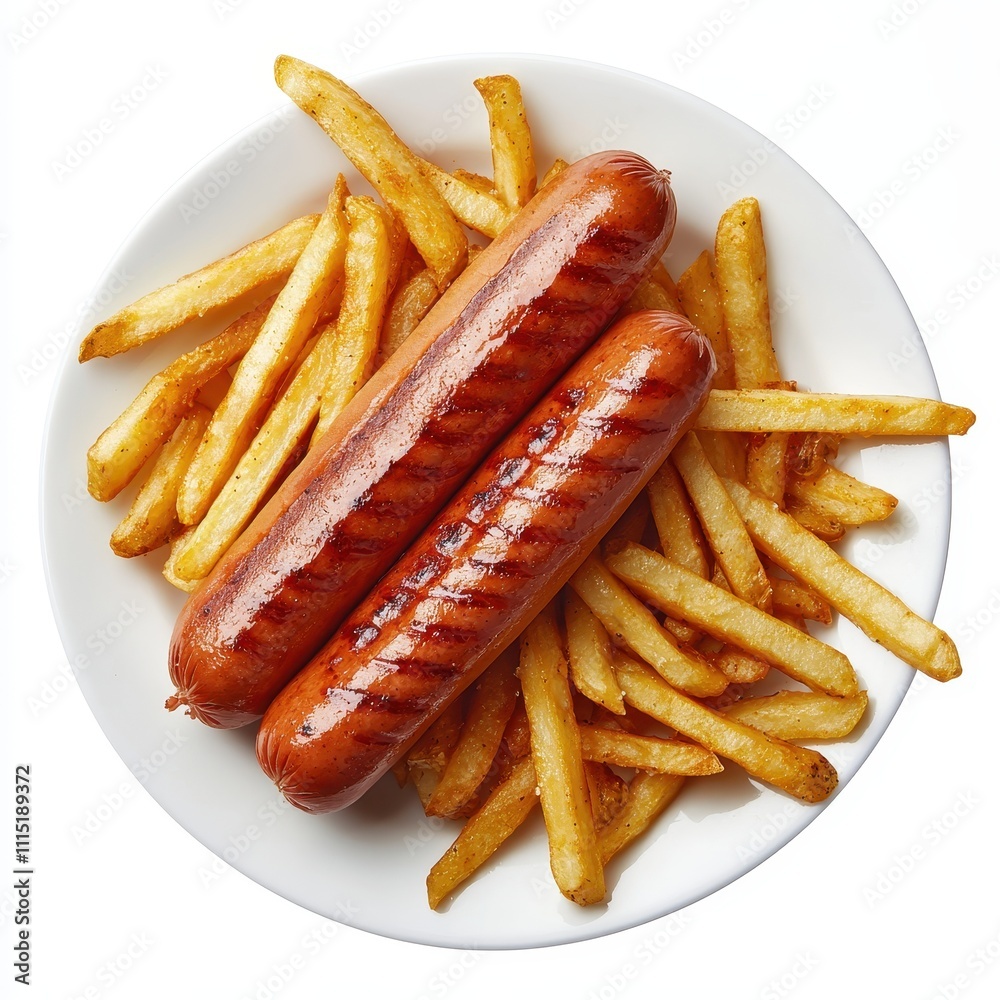Grilled Hot Dogs on Platter with Crispy Fries for Delicious Meal Grilled Hot Dogs on Platter with Crispy Fries for Delicious Meal