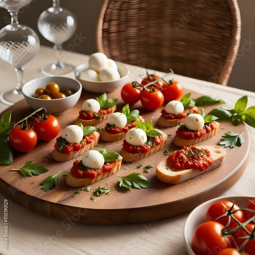 A warm, golden-lit, overhead shot of a beautifully arranged Bruschetta appetizer, freshly prepared on a rustic, wooden cutting board, adorned with a sprinkle of fresh parsley and basil leaves, surroun photo