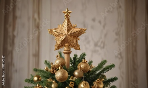 Ornate wooden Christmas tree topper with golden finial, golden finial, elegant tree topping, festive tree ornaments photo