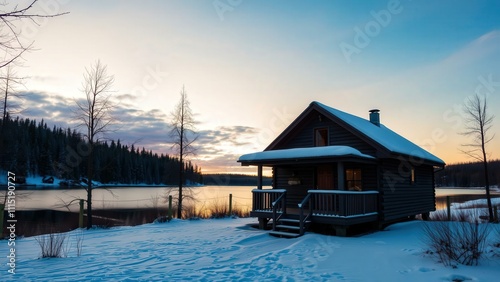 Serene Winter Cabin by the Lake at Sunset: Perfect for Cozy Retreats and Relaxation photo