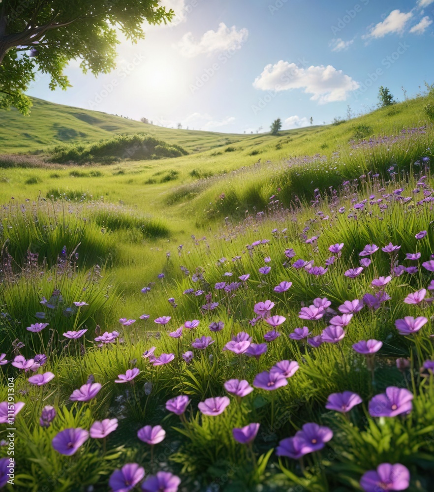 Obraz premium Purple flowers scattered throughout a lush green meadow on a sunny day , natural scenery, flower fields