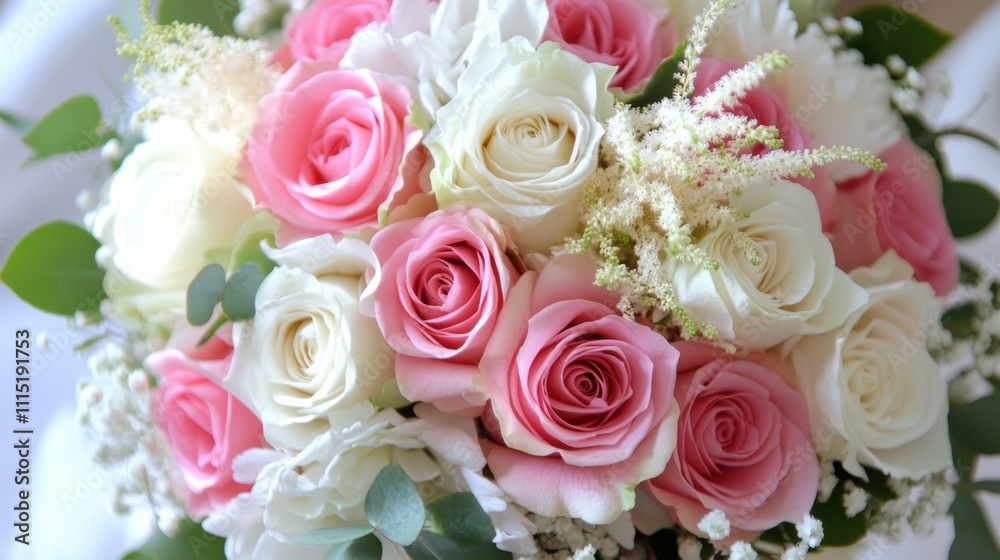 Obraz premium Elegant bridal bouquet of pink and white roses, accented with baby's breath. Perfect for wedding websites, blogs, and romantic themed designs.
