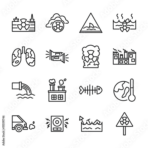 Line Art Icon Set of Global Warming Factory Waste Pollution Nature World
