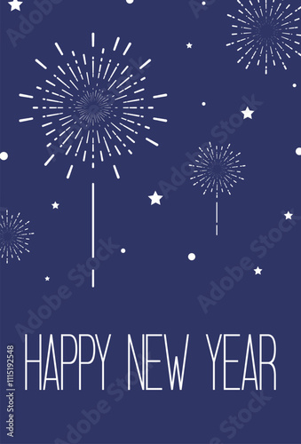 A minimalist Happy New Year design featuring white fireworks and stars on a dark blue background, perfect for festive greetings and celebratory themes