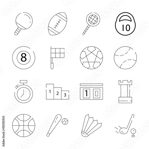 Line Art Icon Set of Sport Equipment Football Volley Ball Tennis Badminton