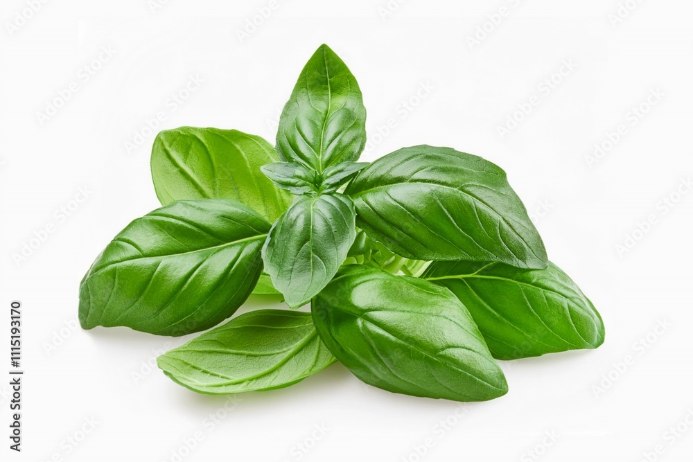 Fototapeta premium Sweet basil herb leaves, close-up, isolated on white background. Fresh Genovese basil.