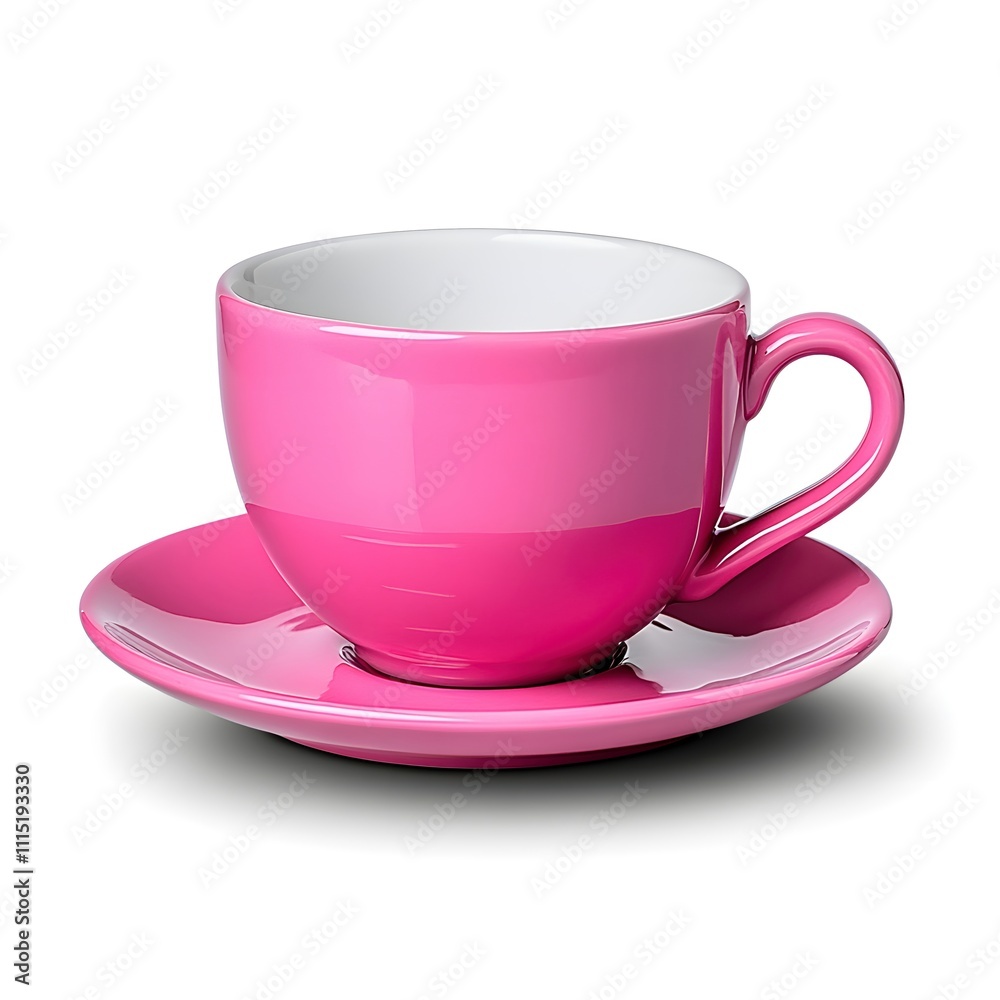 Bright Pink Ceramic Tea Cup and Matching Saucer on White Background, Minimalist Design with Glossy Finish, Perfect for Modern Kitchenware, Coffee Breaks, and Tea Time Moments Bright Pink Ceramic Tea Cup and Matching Saucer on White Background, Minimalist Design with Glossy Finish, Perfect for Modern Kitchenware, Coffee Breaks, and Tea Time Moments