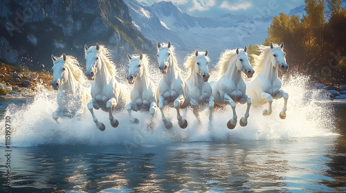 Seven running white horses wall painting mountain morning view background. Majestic and powerful scene with splashing effects. Wallpaper concept.