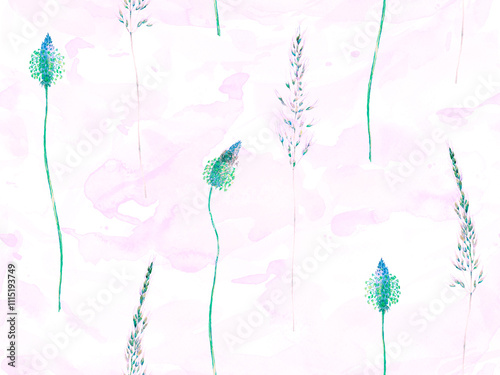 Grass Seamless Watercolor Pattern. Summer Grass Motif. Vintage Garden Wallpapaer.. Abstract Floral Illustration. Green and Teal Botanical Meadow Border. Plantago and Apera Dried Wild Plants. photo