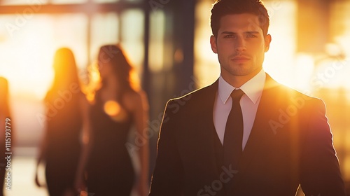 handsome young man in a business suit looking at the camera, with a blurred man walking behind her in the background.  photo