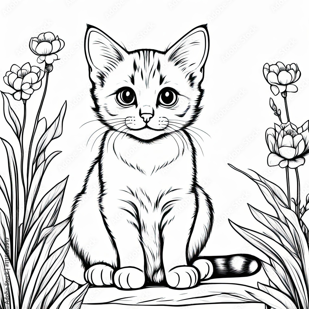 Obraz premium A line art black-and-white illustration of a cute kitten.