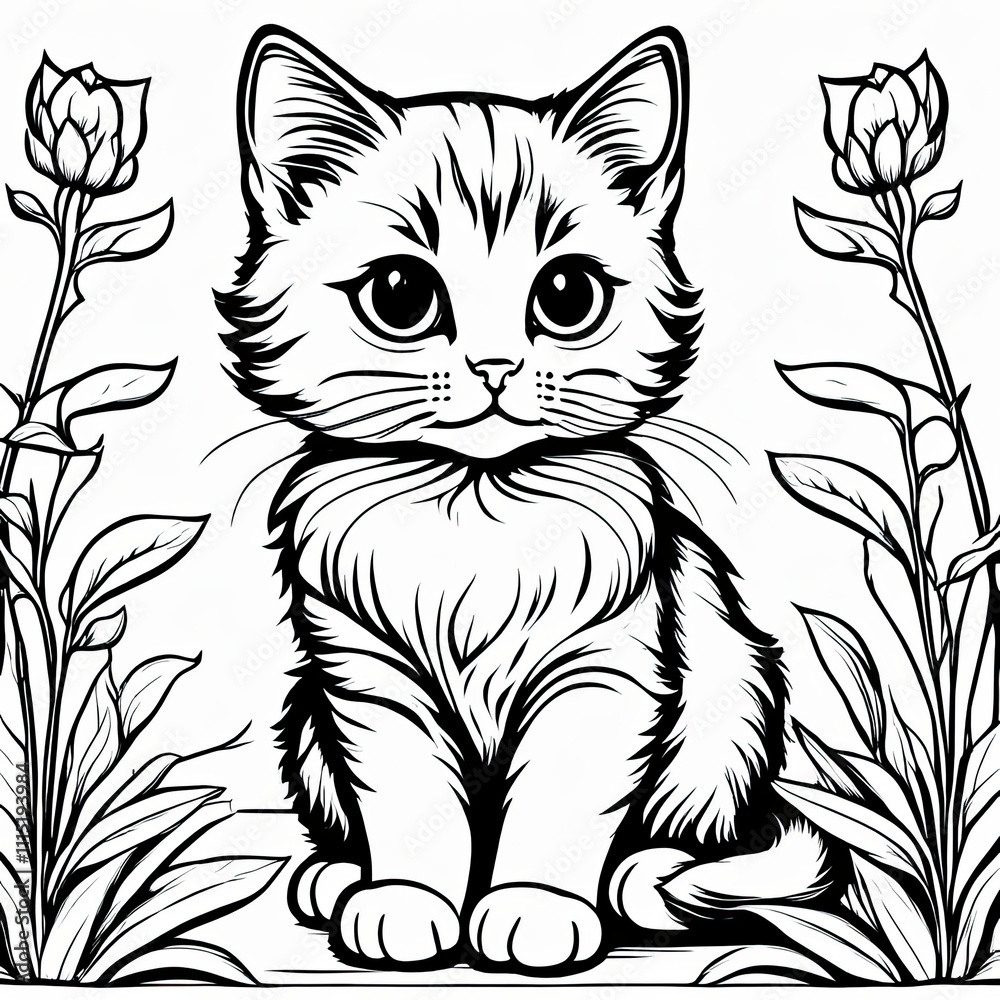 Obraz premium A line art black-and-white illustration of a cute kitten.