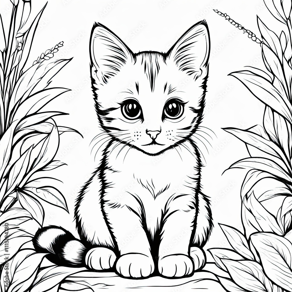 Obraz premium A line art black-and-white illustration of a cute kitten.