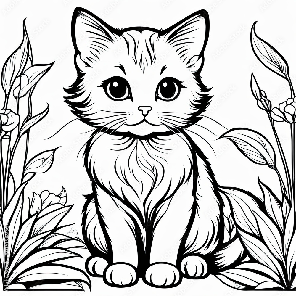Obraz premium A line art black-and-white illustration of a cute kitten.