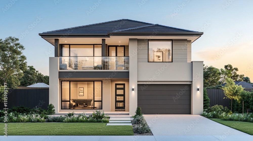 Fototapeta premium A two-story detached villa with an attached garage, showcasing a luxurious and spacious design, perfect for modern family living with ample room and comfort.