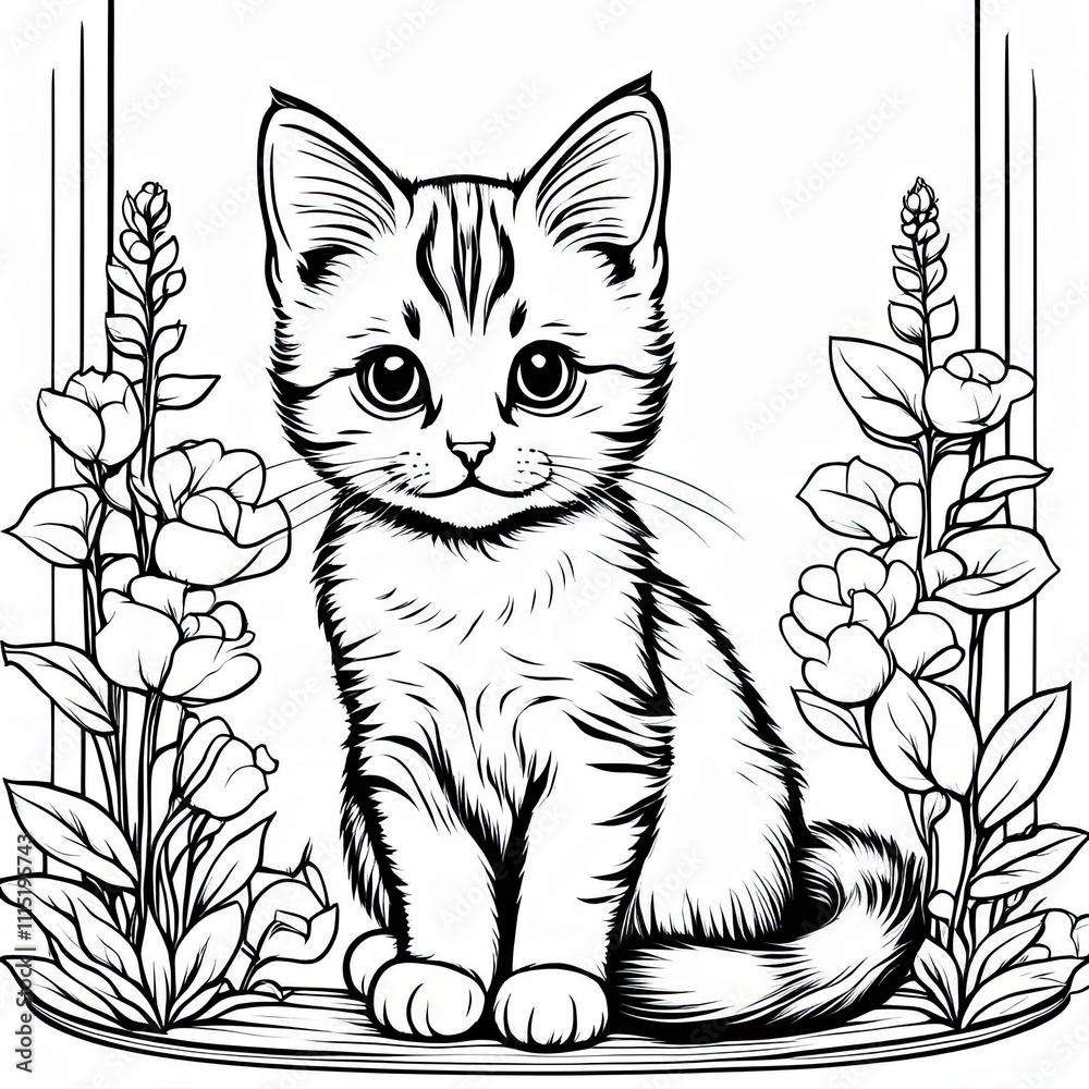 Obraz premium A line art black-and-white illustration of a cute kitten.