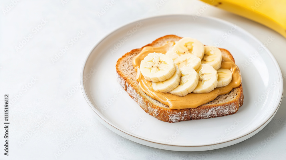 Creamy peanut butter spread on whole grain toast topped with banana slices Creamy peanut butter spread on whole grain toast topped with banana slices
